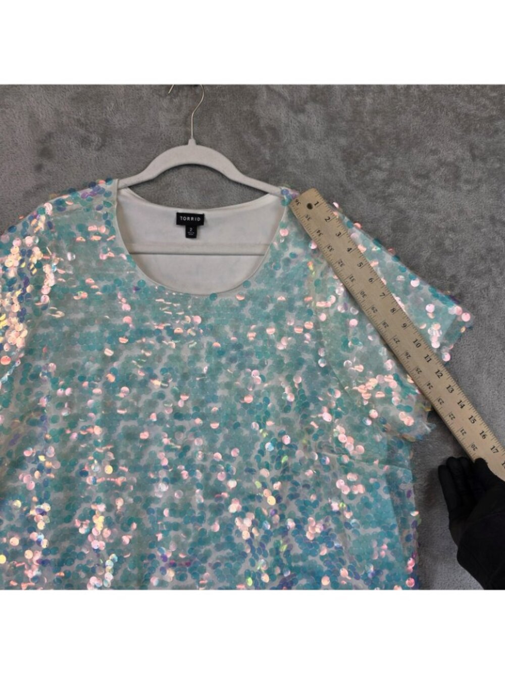 Torrid Shirt Womens 2X Plus Blue Scoop Neck Short Sleeve Sequin Mesh Lined Party - Picture 7 of 10